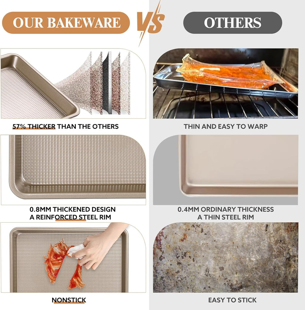Skiennix Nonstick Baking Pan Set - Heavy Duty Cookie Sheets, 9x13in & 10x15in, Textured Gold Finish