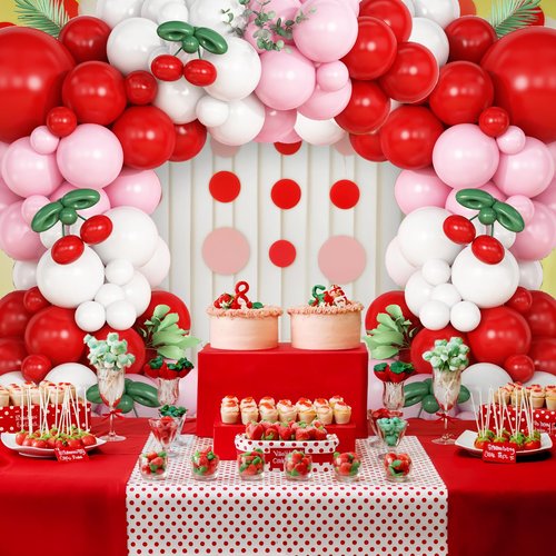 Cherry Balloon Garland Arch Kit, Red Pink White Green Long Balloons for Girls Birthday She is Cherry on Top Baby Shower Wedding Bridal Party Decorations