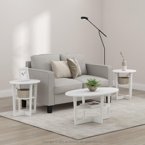 Furinno Jaya Side Table Set of 2, 2-Tier Round End Table with Oval Tabletop, Night Stand, Bedside Table with Open Shelf, for Living Room, Bedroom, White