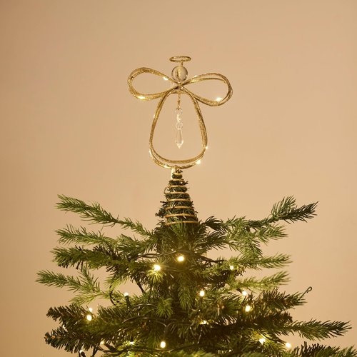 Valery Madelyn Lighted Christmas Tree Topper Angel with Timer, 10 Inch Pre-Lit Gold Metal Small Angel Tree Topper with Lights for Christmas Tree Decoration Indoor, Battery Operated, Valentines Gifts