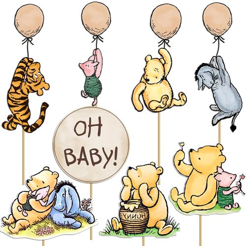 16Pcs Classic Winnie Centerpieces for Baby Shower Decorations Table Signs for Baby Shower Birthday Party Decorations