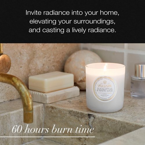 Voluspa Eucalyptus & White Sage, Classic Boxed Candle, 9.5 oz, 60 Hour Burn Time, Coconut Wax for Clean Burning, Handcrafted in the USA
