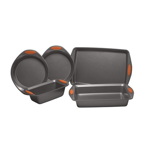 Rachael Ray 55673 Nonstick Bakeware Set with Grips includes Nonstick Bread Pan, Baking Pans and Cake Pans - 5 Piece, Gray with Orange Grips