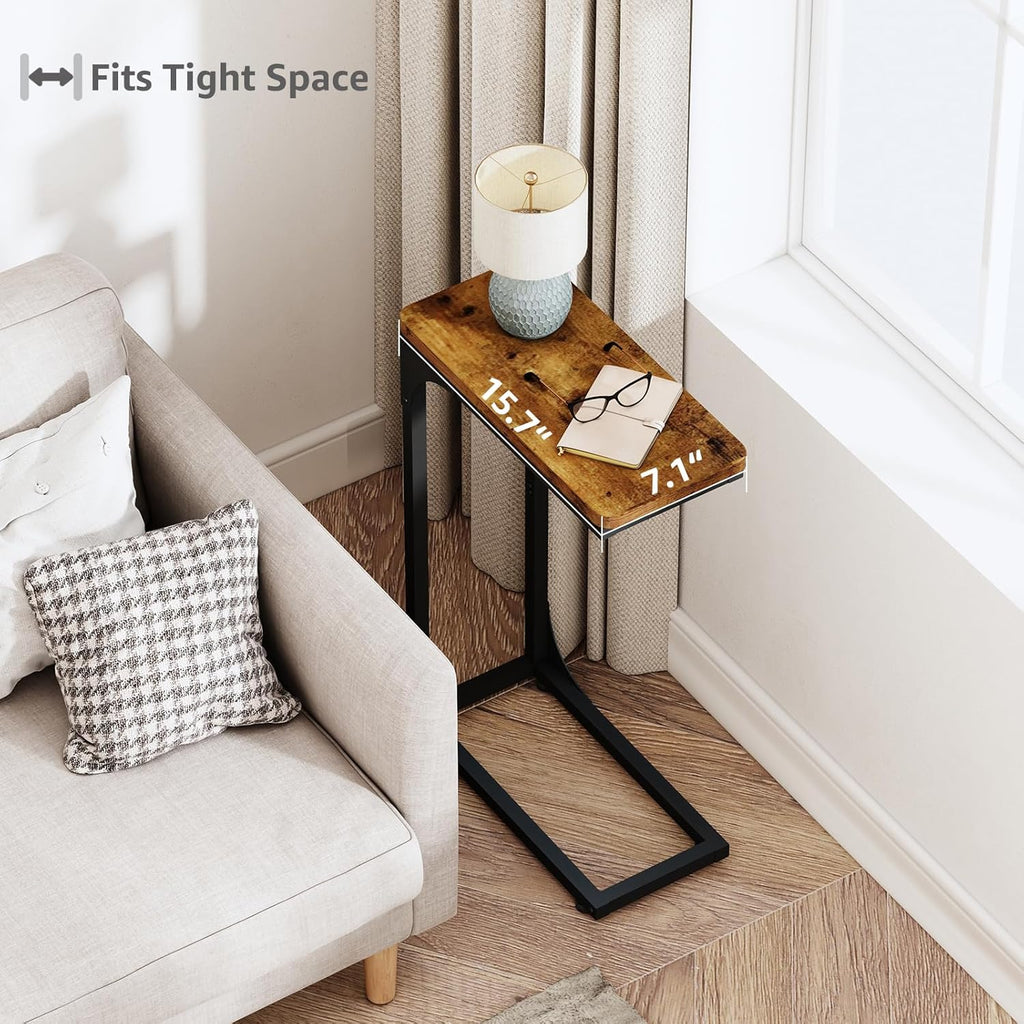 QEEIG Narrow C Shaped Side Table Set of 2 - Slim Couch Tray Tables in Rustic Brown | 7-Inch Width