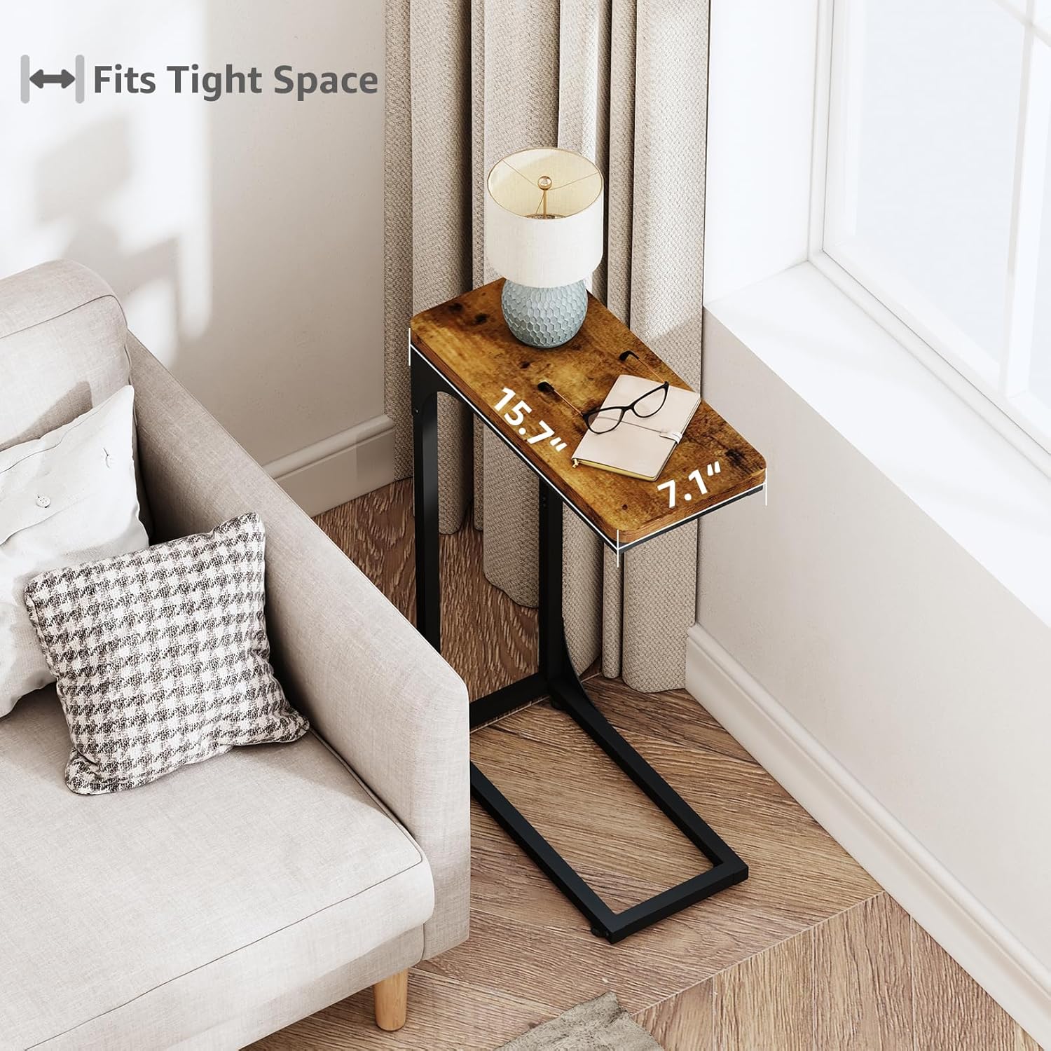 QEEIG Narrow C Shaped Side Table Set of 2 - Slim Couch Tray Tables in Rustic Brown | 7-Inch Width