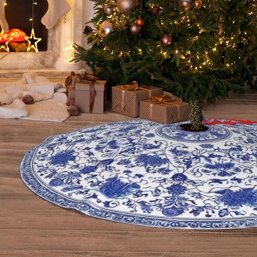 Blue and White Flower Christmas Tree Skirt 36 Inch Xmas Tree Mat Party Decor Supplies for Holiday Home Decorations