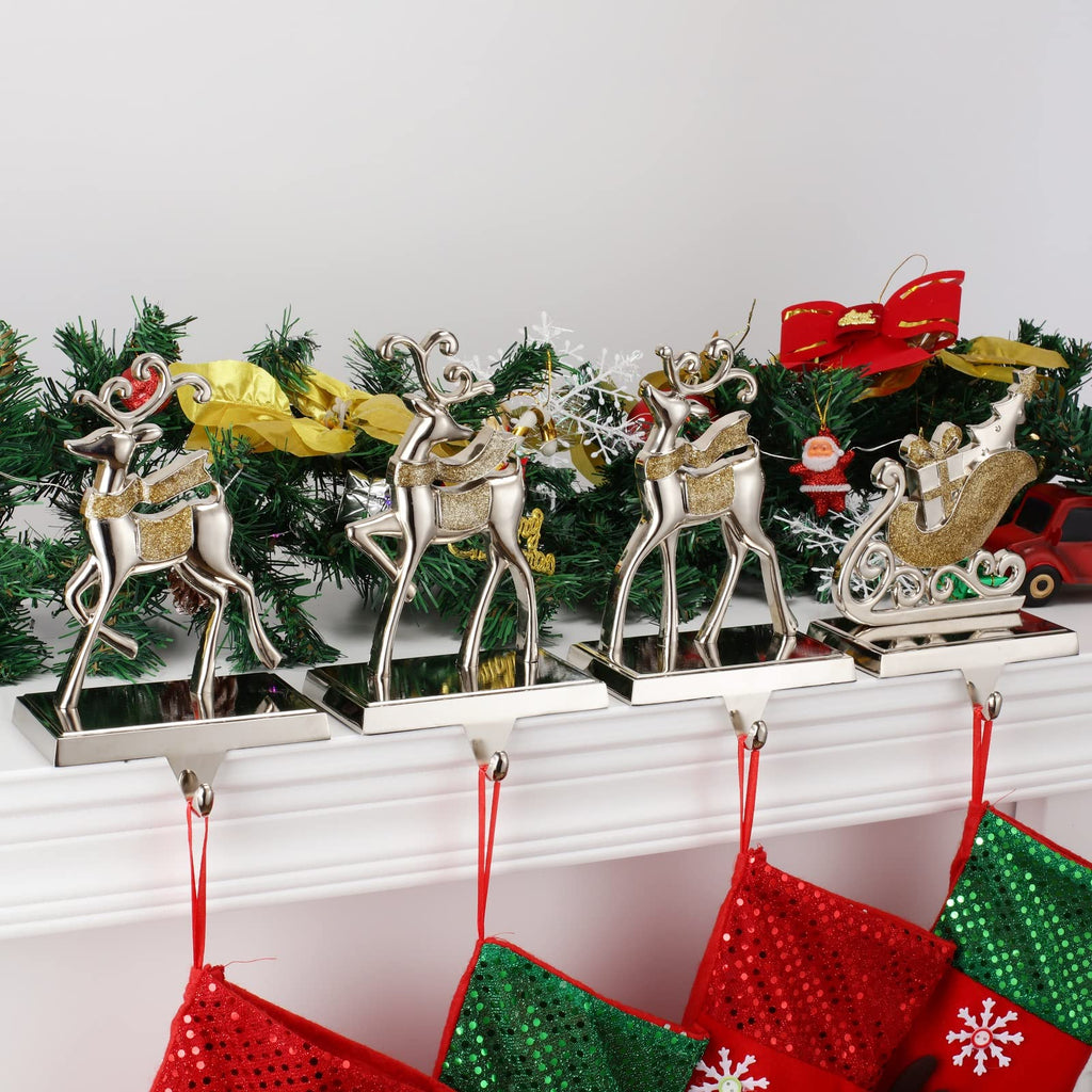 Cesdai Reindeer & Sleigh Stocking Holder Set for Mantle Set of 4,Deer Stocking Hangers for Firepiece,Christmas Decorations Mantel Hanger for Stocking/Garland (Silver with Gold)