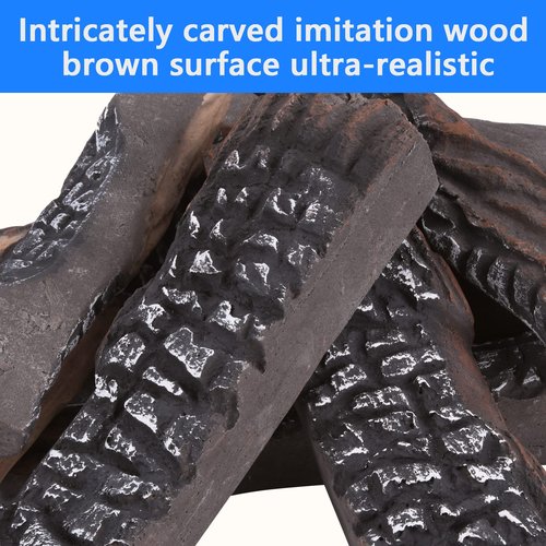 vchin Gas Logs, 10 Piece Ceramic Log for Fireplace and Fire Pit, Heat Resistant Realistic Logs, Stackable Fake Log Set - Gas, Propane, Electric Fireplace Indoor Insert