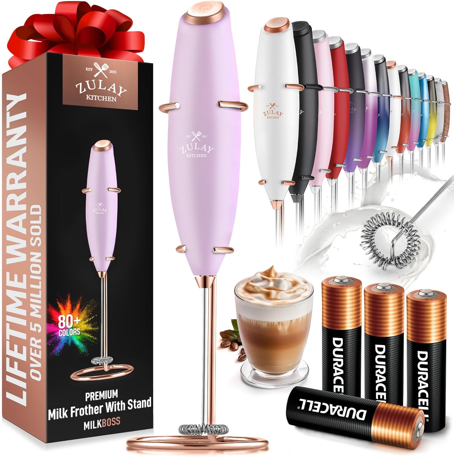 Zulay Kitchen Milk Frother Wand - Ultra Fast Electric Whisk for Coffee & Lattes - Lilac & Rose Gold