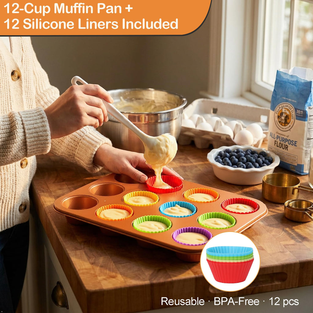 Barlket Bakeware Sets 6 Pcs, Non Stick Baking Pans Set, Black Speckled Kitchen Baking Set, Stackable Storage, Easy Clean & Even Heating, with Cooling Rack, Cake, Muffin, and Loaf Pan