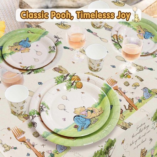 192pcs Winnie Birthday Decorations, Vintage Pooh Bear Plates Napkins Cups Forks Tablecloth Balloons Banner Hanging Swirls Cupcake Toppers for Boy Girl Party Supplies 25 Guests