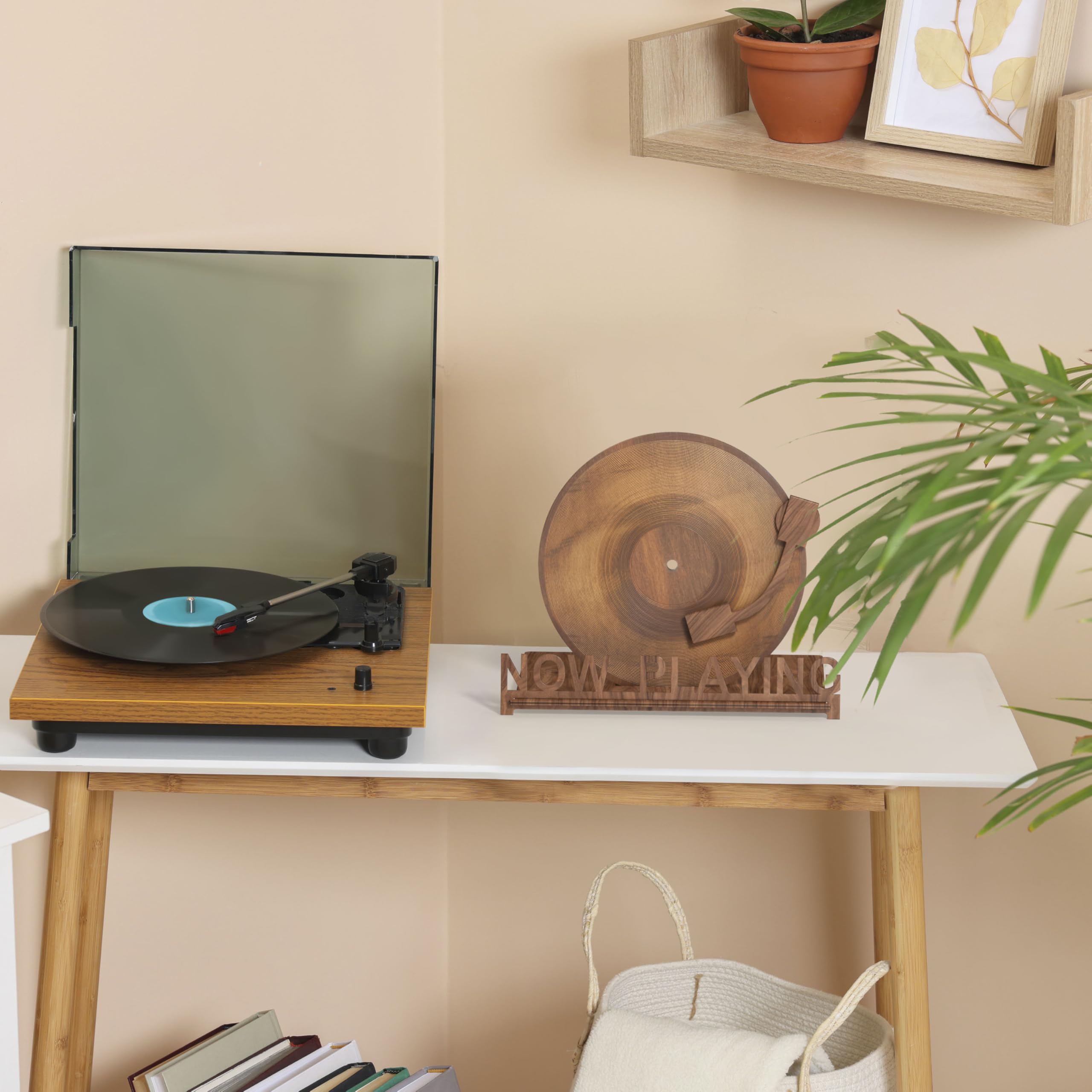 Now Playing Vinyl Record Holder for Record Player Stand | 3D Laser Rustic Vintage Now Spinning Vinyl Record Storage Stand Display | Wooden Sleeves for Music Albums