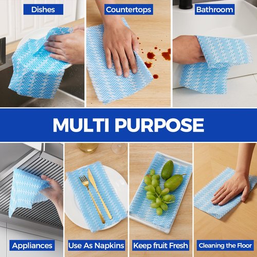 Peachicha Disposable Cleaning Rolls Reusable Cleaning Cloths Dry Kitchen Towels Dish Cloths Handi Wipes 2 Roll, Total 200 Pcs, Blue