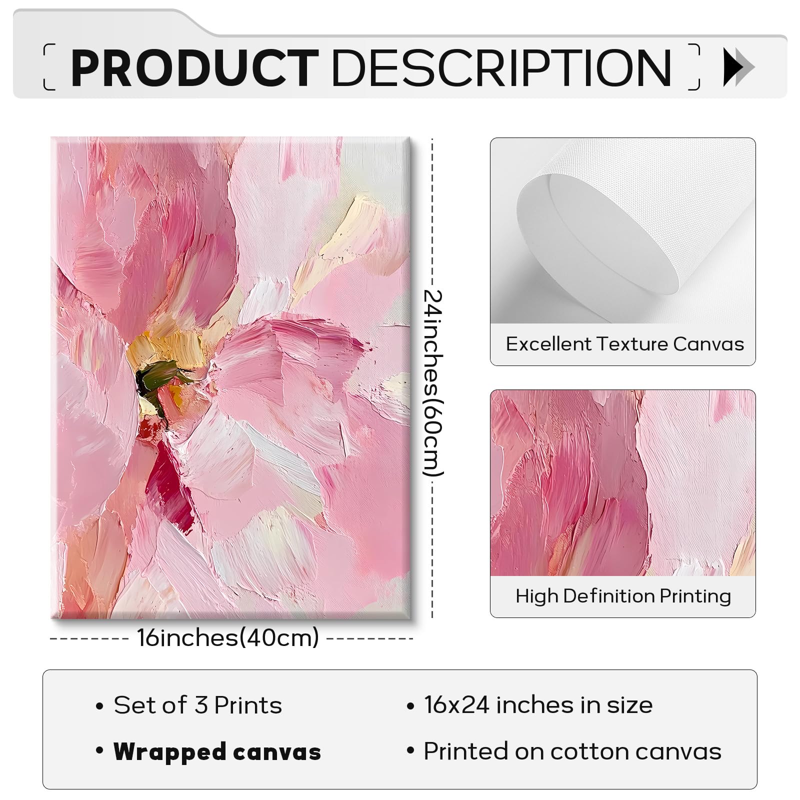 Abstract Floral Wall Art Pink Flower Canvas Pictures Modern Wall Decor Blush Pastel Pink Prints Peony Painting Minimalist Poster Botanical Artwork for Bedroom Living Room 16x24x3 Inch Ready to Hang