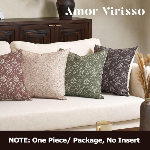 Amor Virisso Floral Pillow Covers 18x18 Inch Farmhouse Block Print Pillow Cover Accent Square Neutral Modern Decorative Throw Pillow Covers for Living Room Couch Bed Sofa Chair, Dusty Green