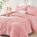 HYMOKEGE Queen Comforter Set - Luxurious Rose Pink Seersucker 7-Piece Bedding Set for All Seasons