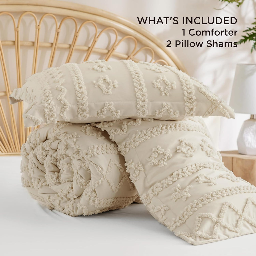 Bedsure Tufted Boho Comforter Set - Queen Size Beige Bedding with GentleSoft™ Fabric | 3-Piece Farmhouse Style