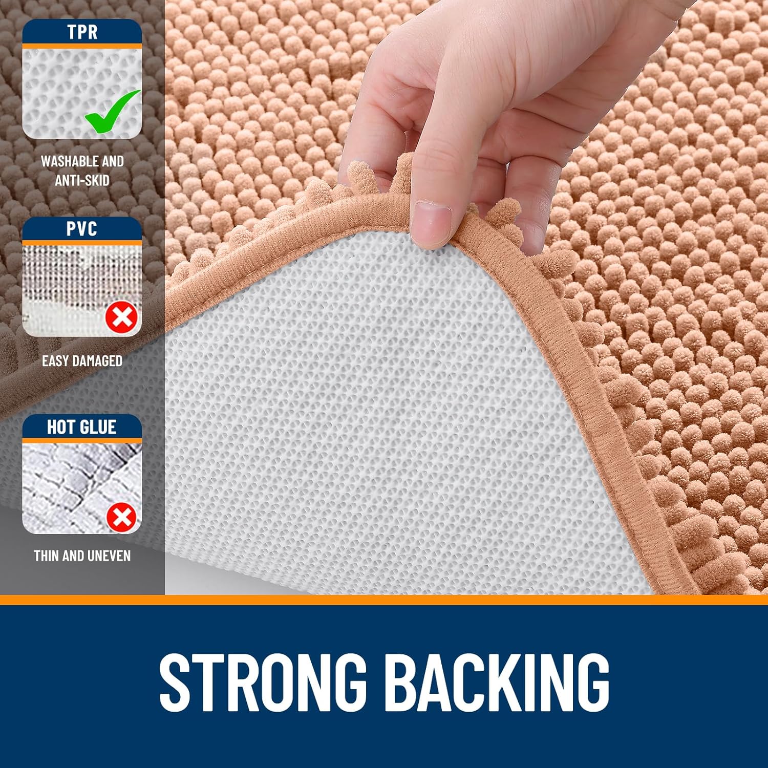 OLANLY Large Bathroom Rugs - Extra Soft Chenille Bath Mats with Rubber Backing | Quick Dry, Machine Washable, Peach 45x27