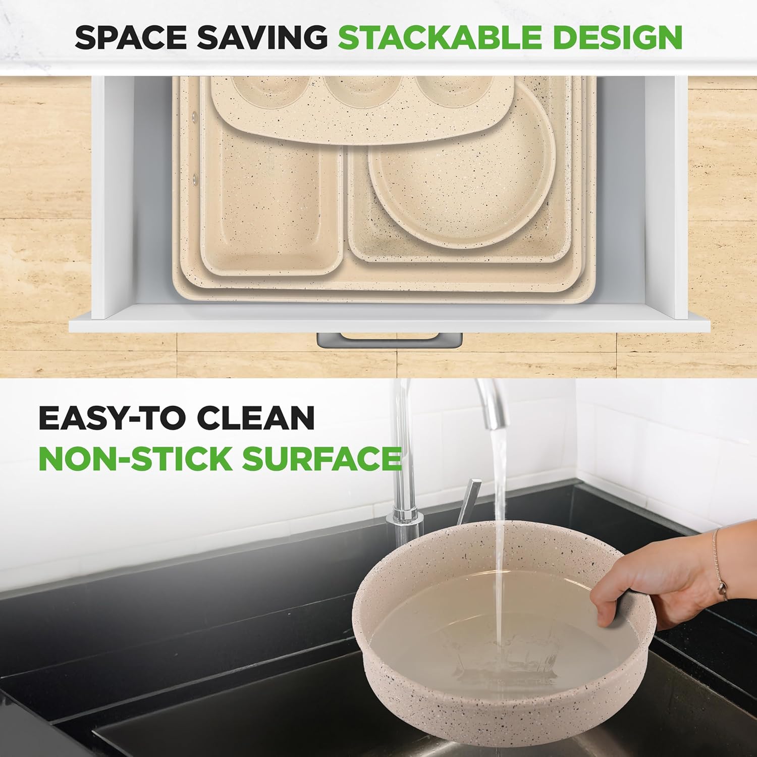 NutriChef 8-Piece Bakeware Set - Non-Stick Carbon Steel Pans | Includes Sheet, Muffin, Round, Loaf, Square & Deep Pans | Marble Cream Finish, Oven Safe to 450°F