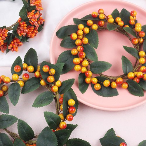 Brihasory Orange Berry Fall Candle Rings Wreaths Set of 2, Small Christmas Wreath 7 Inch Wide with 3 Inch Center Thanksgiving Table Decor Halloween Candle Holders for Table Centerpieces(2PCS)