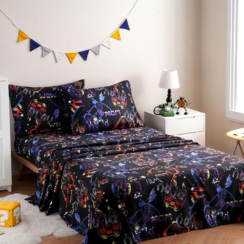 JSD Black Gaming Sheet Set Twin Size, 3 Piece Soft Kids Boys Printed Microfiber Bed Sheets Deep Pocket