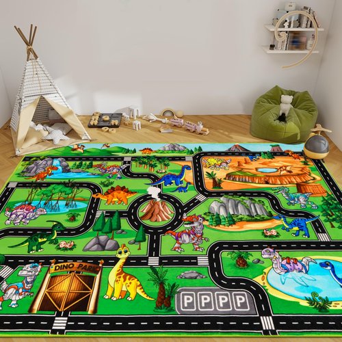 DINSUMRUG Kids Rugs for Playroom 59"×39.4" Dinosaur Car Play Mat Robot Dinosaur Park Road Educational Dino Road Rug for Toy Car Jurassic Themed Play Carpet for Kids, Toddlers, Nursery, Classroom