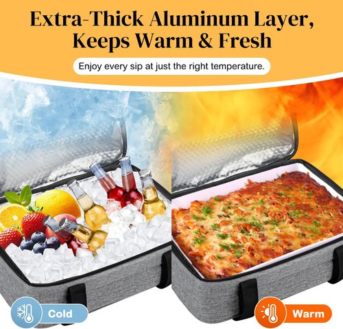 Coobiiya Insulated Casserole Carrier - Thermal Lunch Bag Keeps Food Hot or Cold | Fits 9" x 13" Dish - Grey
