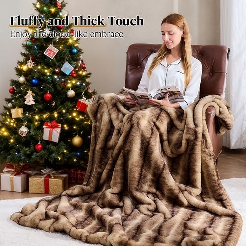 LOOMORA Luxury Faux Fur Blanket - Soft Warm Plush Blankets for Couch Sofa Bed, Fluffy Thick Throws for Bedroom, Office, Living Room, Decorative Reversible, Not Easy to shed - 60"x80", Brown