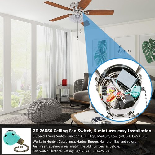 Zing Ear ZE-268S6 Switch Compatible with Hunter Ceiling Fan, 3 Speed 4 Wire Beaded Pull Chain Extension, Use for Ceiling Fans, Lamps and Wall Lights (Bronze Pull Chain)