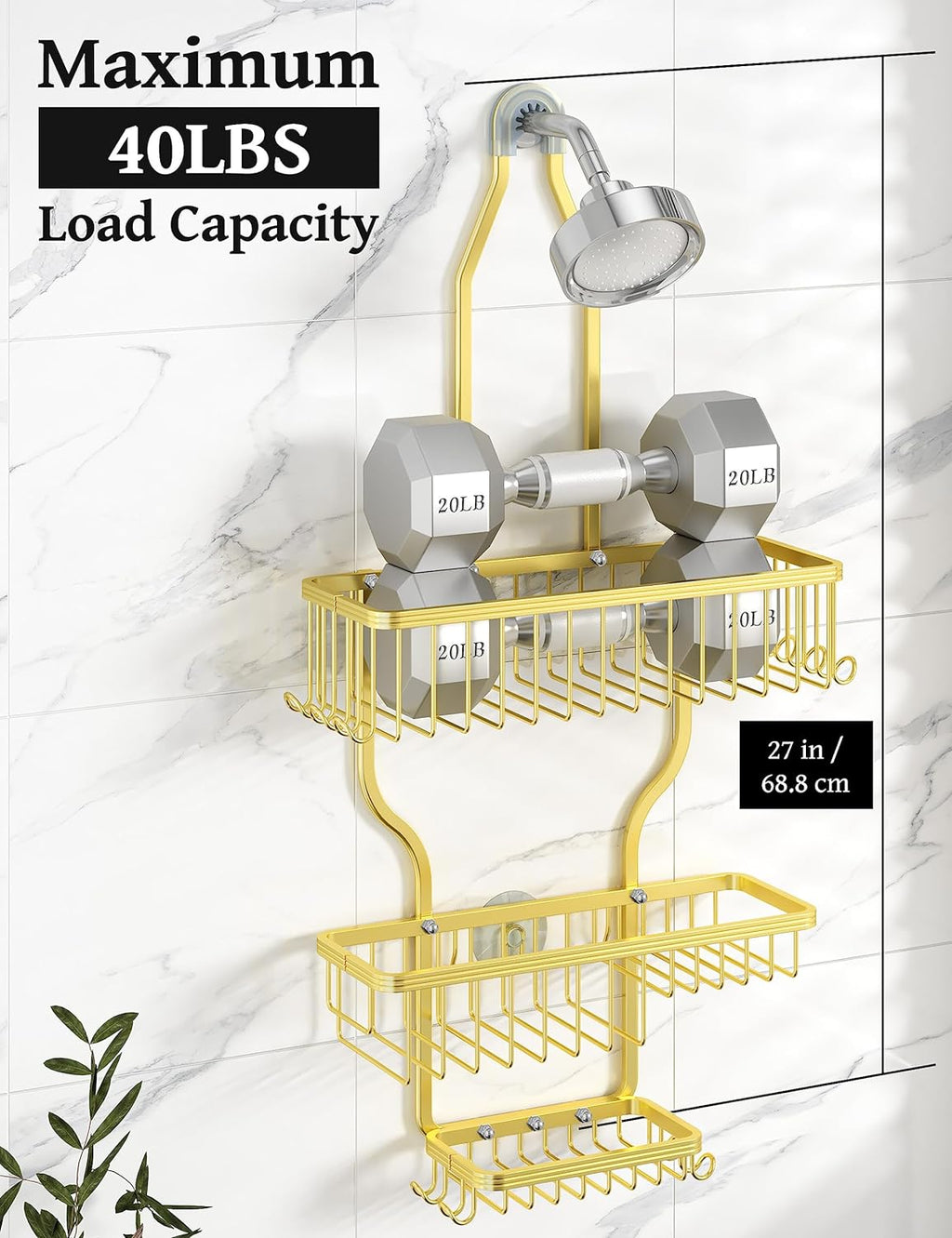 YASONIC Shower Caddy Organizer - Rust-Free Aluminum Over-the-Showerhead Rack with 10 Hooks & Soap Basket - Gold