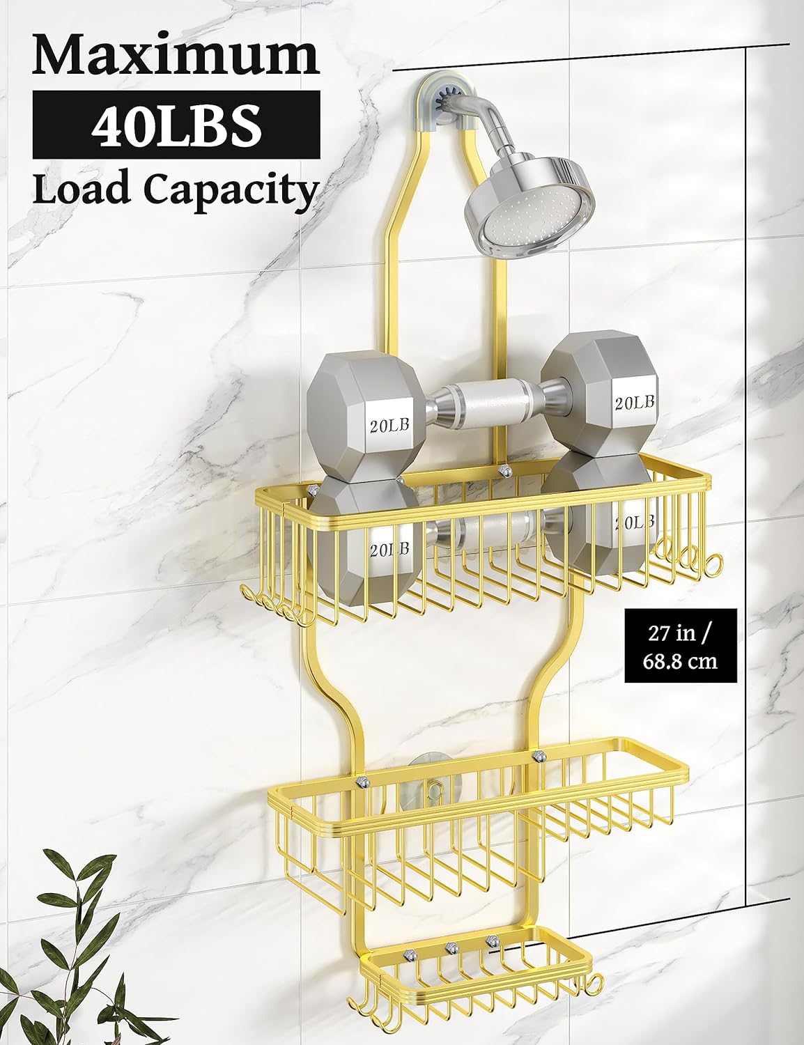 YASONIC Shower Caddy Organizer - Rust-Free Aluminum Over-the-Showerhead Rack with 10 Hooks & Soap Basket - Gold