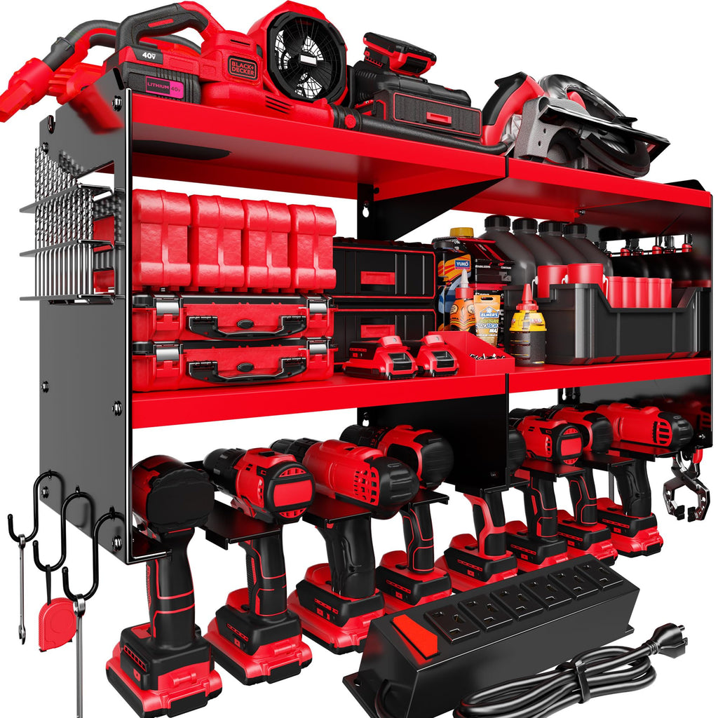 Spampur Power Tool Organizer Wall Mount with Charging Station, 15 Min Assembly & Maximum 420lbs Load by Heavy Duty Metal, 8 Slots for Cordless Drill, Tool Battery Holder with 6 Outlet Power Strip