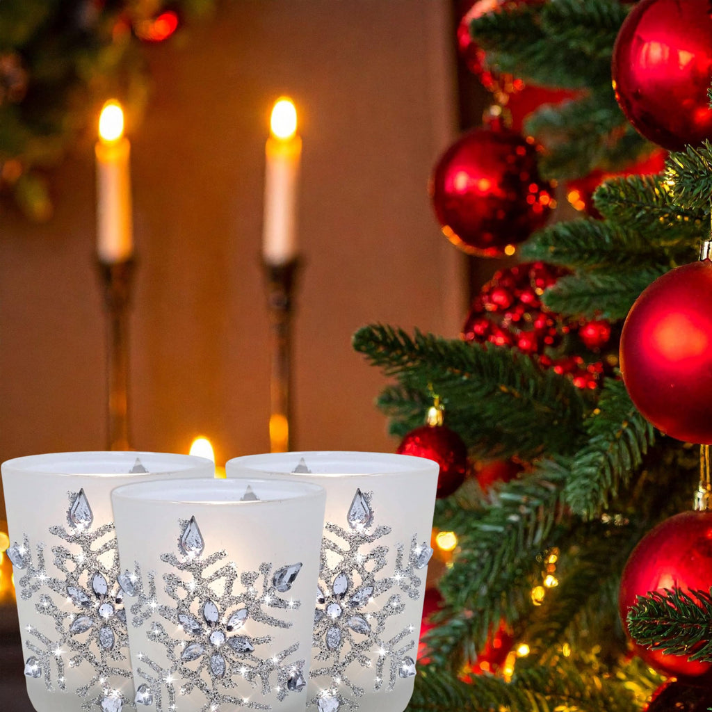 Snowflake Candle Holder - Lighted Frosted Glass Holders - Set of 3 with LED Candles - Glittery Snow Flake Holders with Jewels - Christmas Decor - 2.75" H x 2" D