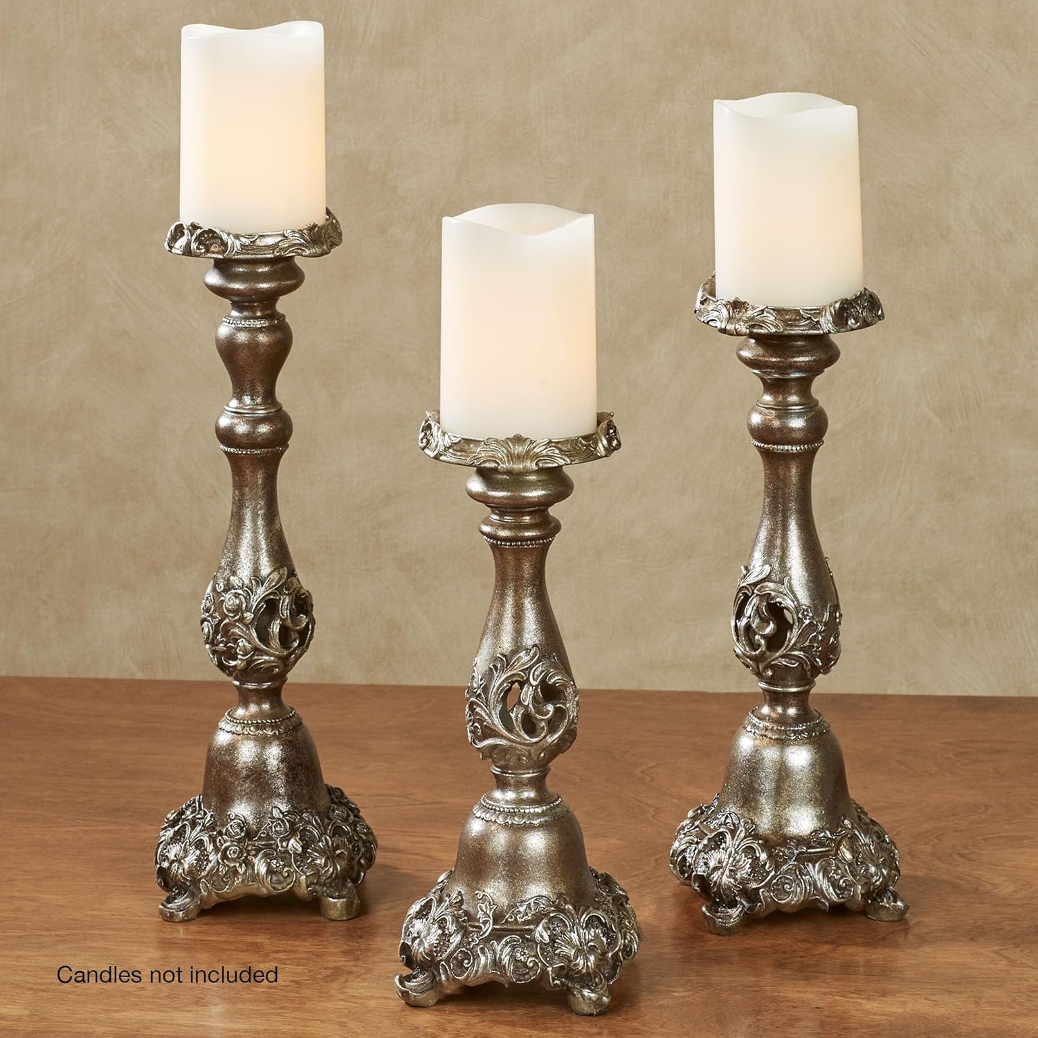 Touch of Class Victoria Acanthus Leaf Candleholders Set of 3 - Metallic Bronze & Silver Resin Candlesticks for Home Decor