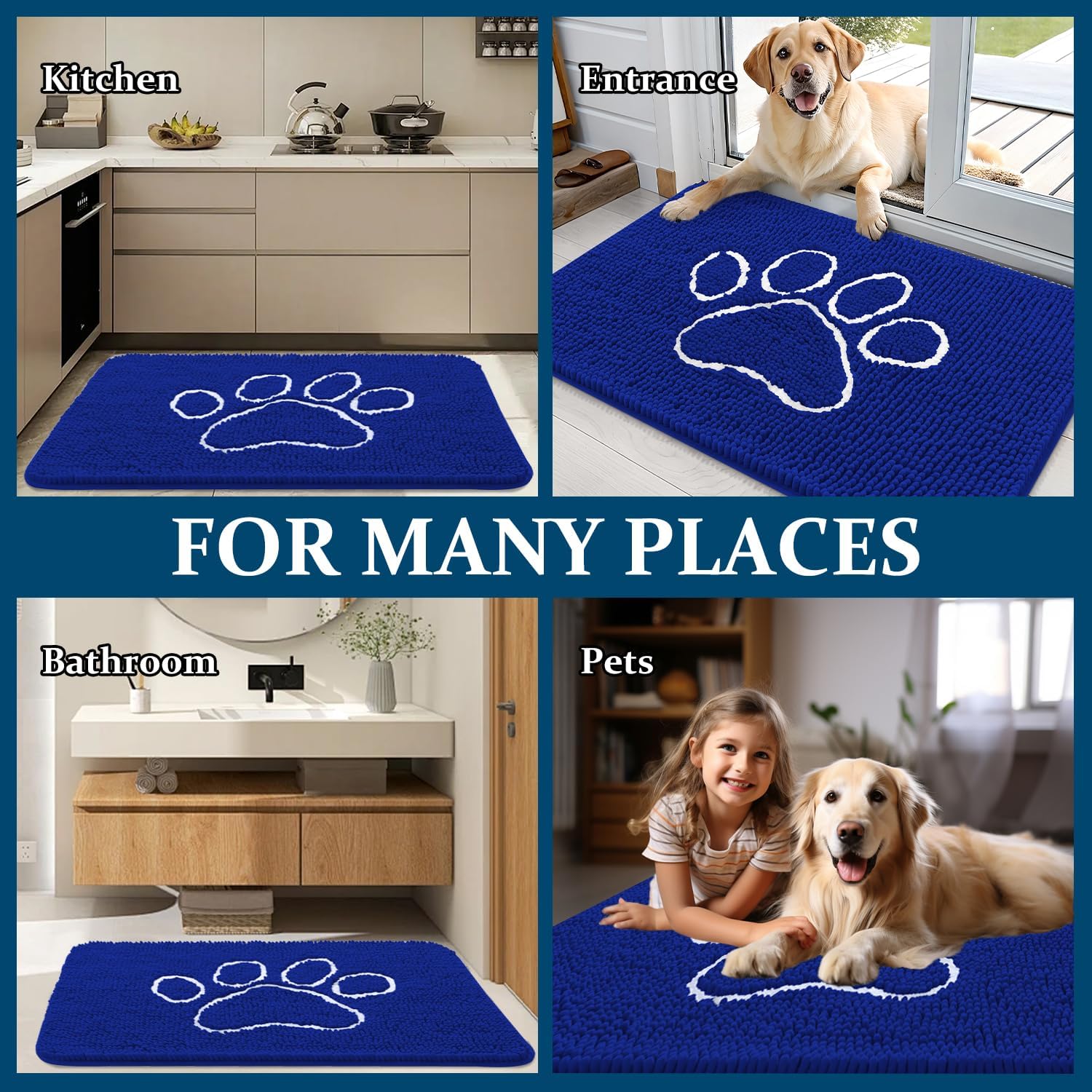 OLANLY Dog Door Mat - Absorbent Muddy Paws Doormat | Non-Slip Chenille, 36x24, Royal Blue