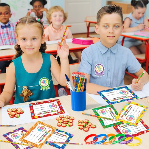 WATINC 100 Days of School Awards Set - 162Pcs Hooray 100 Days School Bracelets Smarter Greeting Cards Student Reward Stickers, Happy 100th Pencils Eraser Party Supplies for Classroom Teacher (Big Set)
