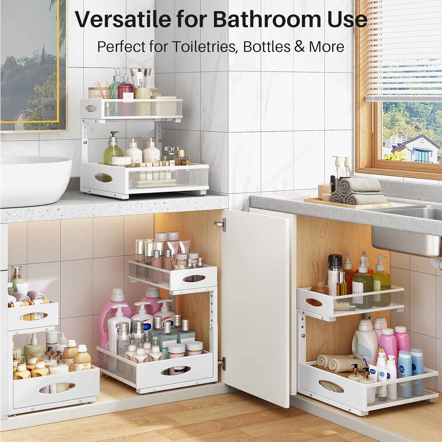 Under Sink Organizer | 2-Pack 2-Tier Pull-Out Shelf with Metal Slides & Mesh Drawers - White