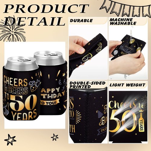 Umigy 48 Pcs 50th Birthday Party Favors Cheer to 50 Years Can Sleeve 50 Years Old Birthday Decorations Black and Gold over the Hill 50th Party Supplies for Men Women Guests