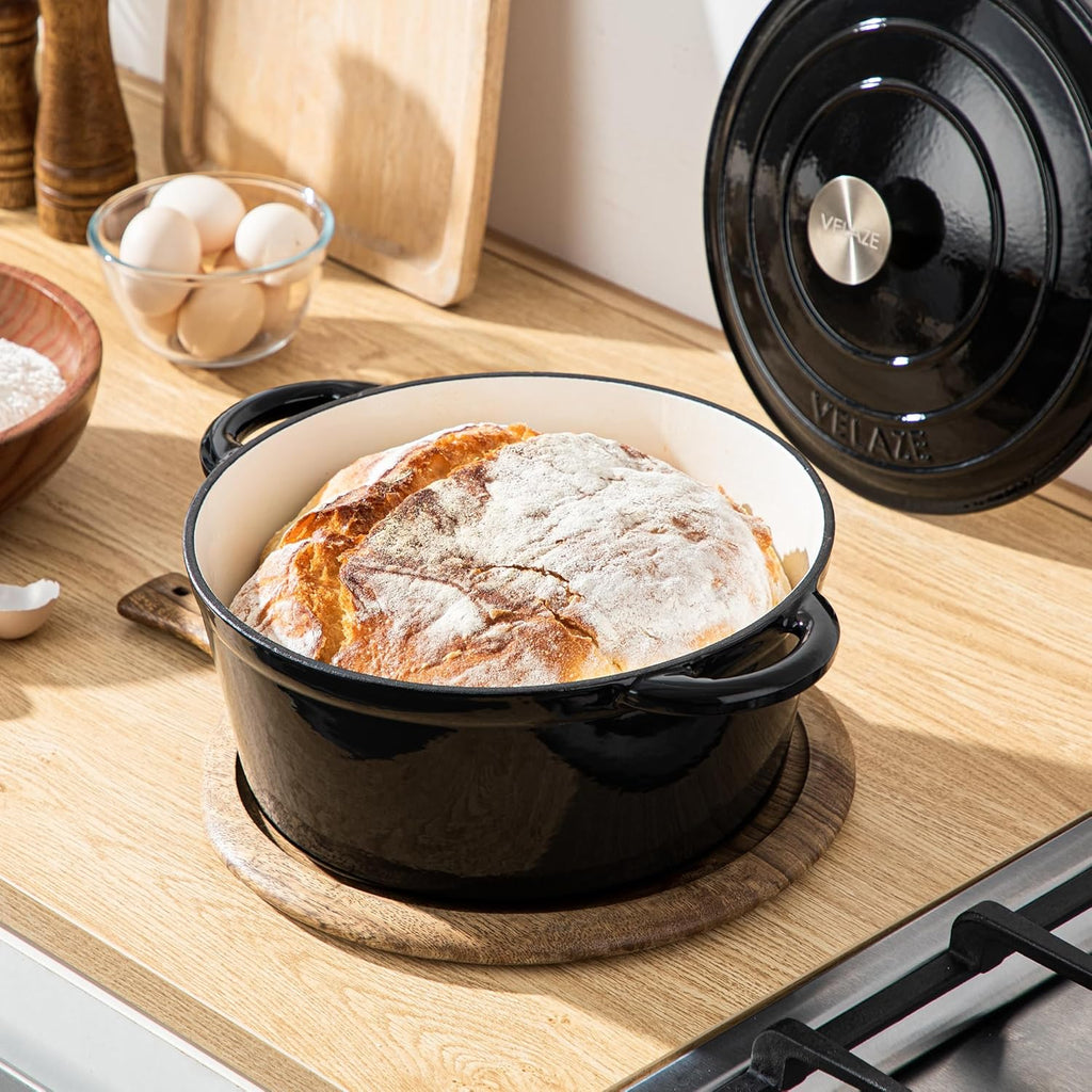 Velaze 7.5 QT Dutch Oven - Enameled Cast Iron Cookware with Dual Handles for Sourdough Baking | Black