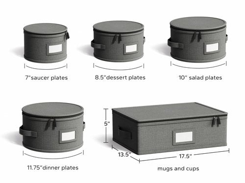Hard Shell China Storage Containers – 5 Piece Set for Storing Dinner Plates, Salad Plates, Mugs, Quilted Dividers for Safe Moving and Seasonal Storage, Grey