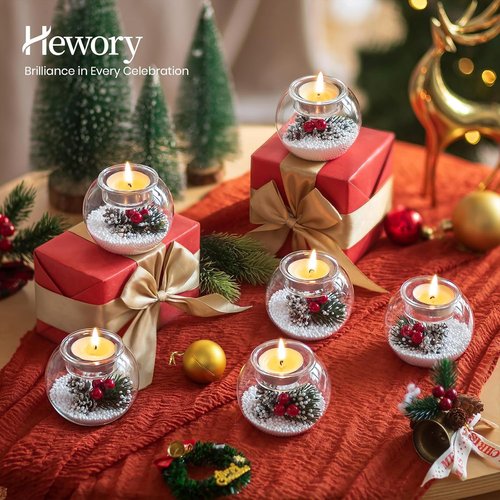 Hewory Christmas Tealight Candle Holders - Set of 6 Glass Holders with Red Berry & Pinecone Decor | Holiday Table Centerpieces