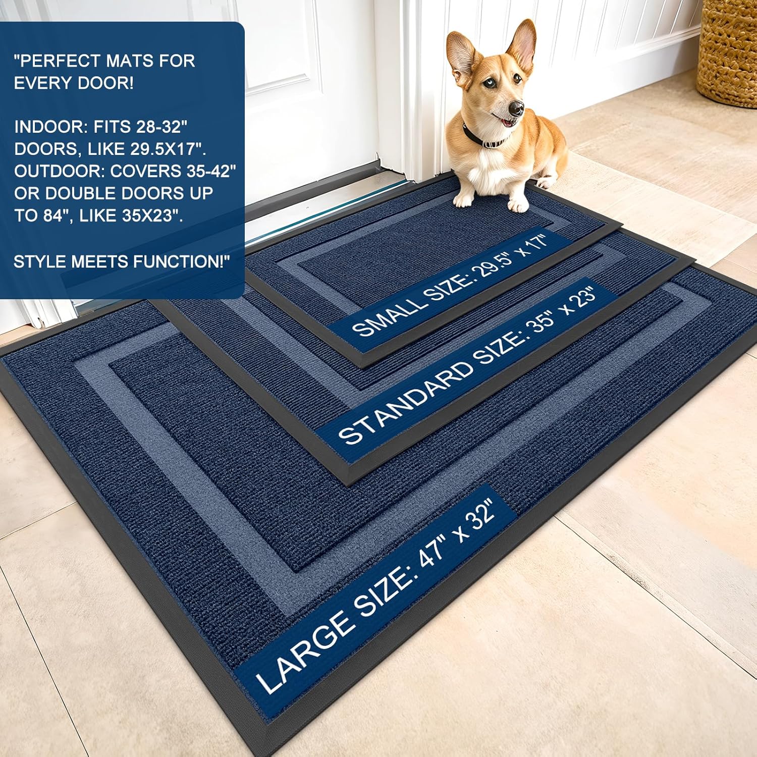 OLANLY Indoor Outdoor Front Door Mat - Waterproof All-Season Doormat, Sturdy Rubber, Easy Clean | 47x30, Blue