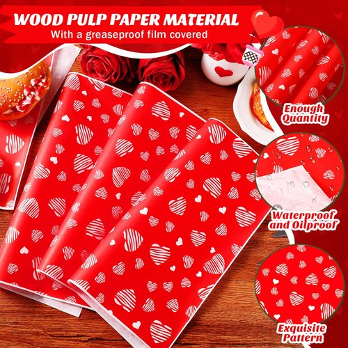 Marspark 100 Sheets Valentine's Day Heart Wax Paper for Food Wrapping 11.4 x 11 Inches Red Food Basket Wax Paper for Spring Picnic Wedding Birthday Candy Cookies Sandwich Burgers Greaseproof Wrapping