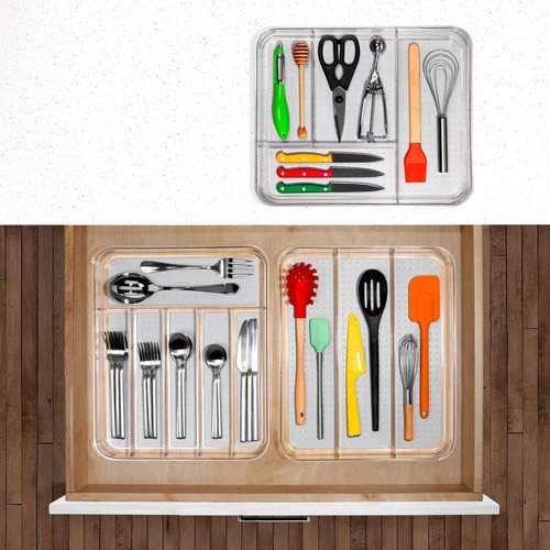 madesmart Premium Clear Silverware Tray, 6 Compartment Flatware Organizer for Forks, Knives & Spoons, Soft Grip Lining & Non Slip Base, Grey
