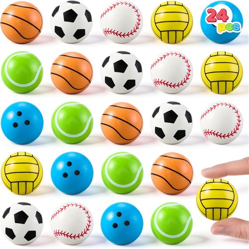 JOYIN 24 Pcs Multi-Sports Bouncy Balls - Fun 32mm Party Favors for Kids 4-8 | Includes Storage Bag