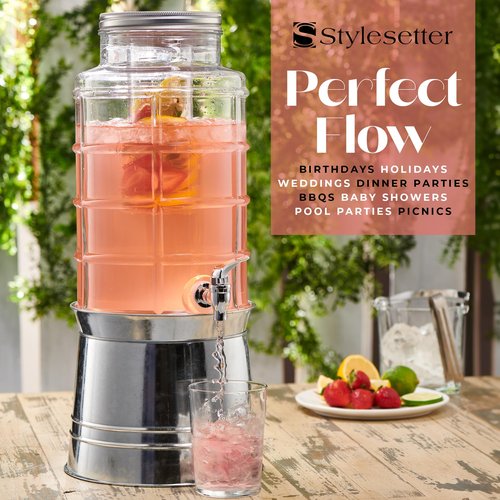 Style Setter Patchwork Beverage Dispenser Cold Drink Dispenser w/ 2.4-Gallon Capacity Glass Jug, Ice Insert, Fruit Infuser, Galvanized Base, Leak Proof Spigot Great for Parties Weddings