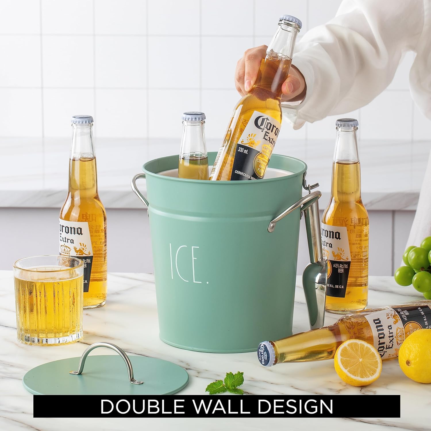Rae Dunn Ice Bucket with Scoop - Stainless Steel Bucket with Handle, Lid and Ice Scooper - 4 Qt. Storage Bin for Ice Cubes for Bars, Parties, Backyard Barbeques, Picnics, and Camping (Sage)