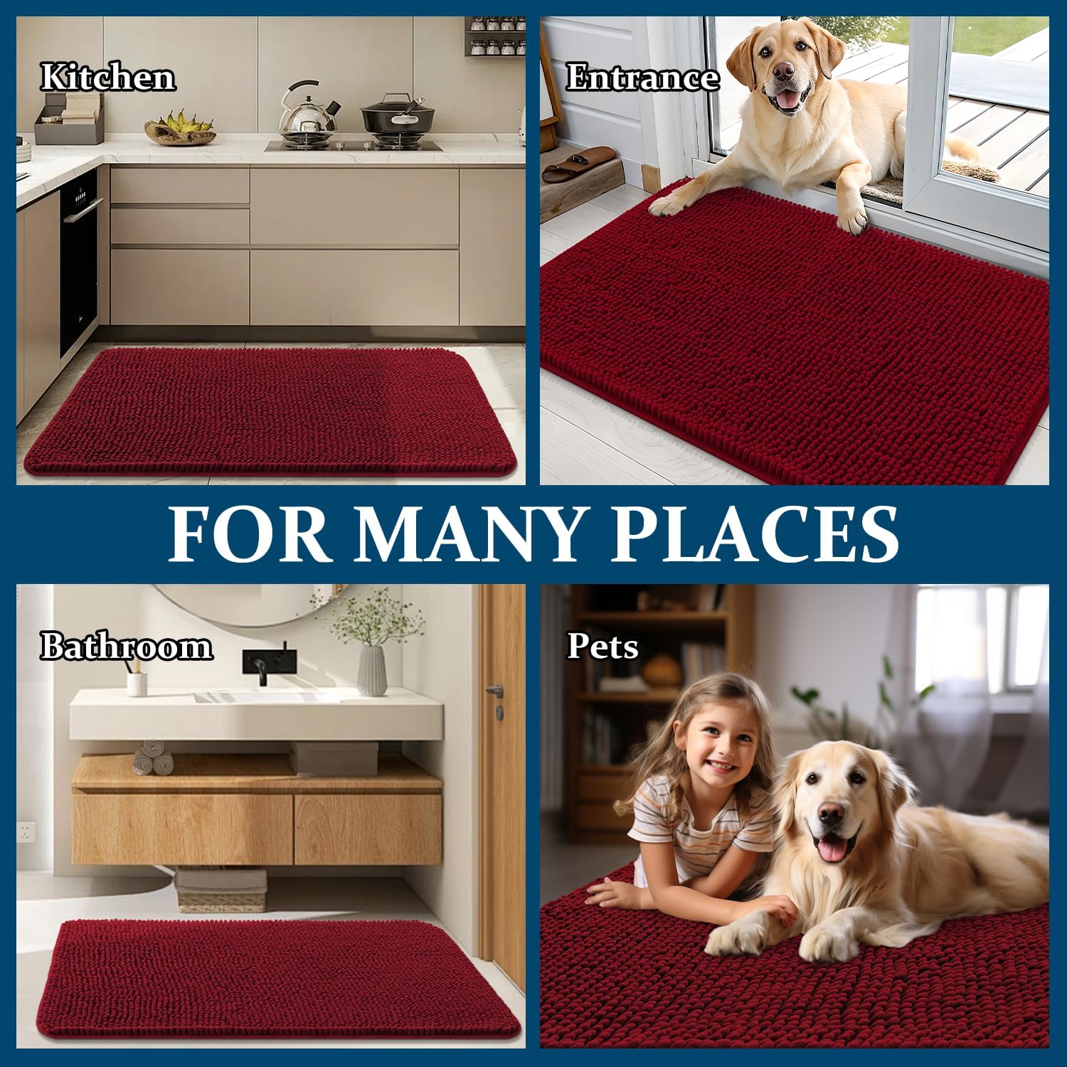 OLANLY Dog Door Mat - Absorbent Non-Slip Chenille Mat for Muddy Paws | 59x24 Inches, Quick Dry, Red