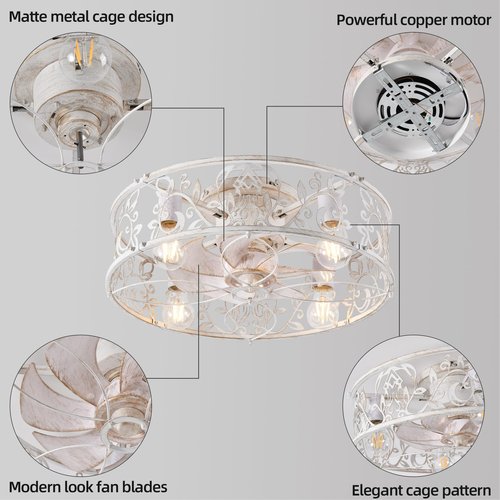 Garwarm 20" Caged Ceiling Fan With Light, Flush Mount Bladeless Fandelier With Remote, Small Low Profile for Bedroom, Kitchen, Dining Room, White Gold