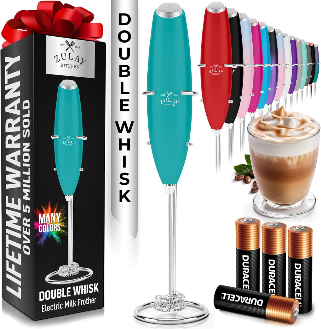 Zulay Kitchen Whisk Milk Frother - Powerful Handheld Foam Maker for Coffee & Lattes | Includes 4 Duracell Batteries